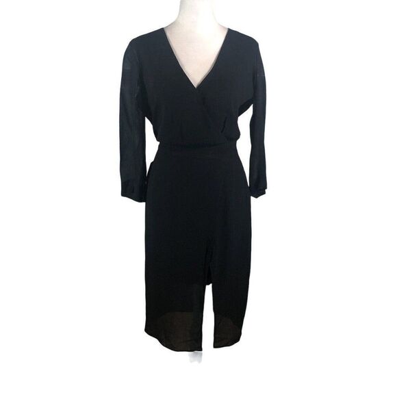 Bebe Black Chiffon Surplice Dress 4 Blouson Slim Skirt 3/4 Sleeve Elegant New - Picture 1 of 12